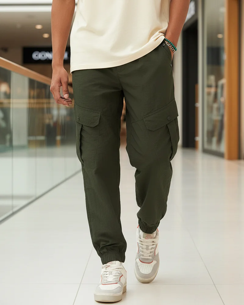 bewakoof Men's Olive Green Super Loose Fit Nylon Cargo Jogger Pants